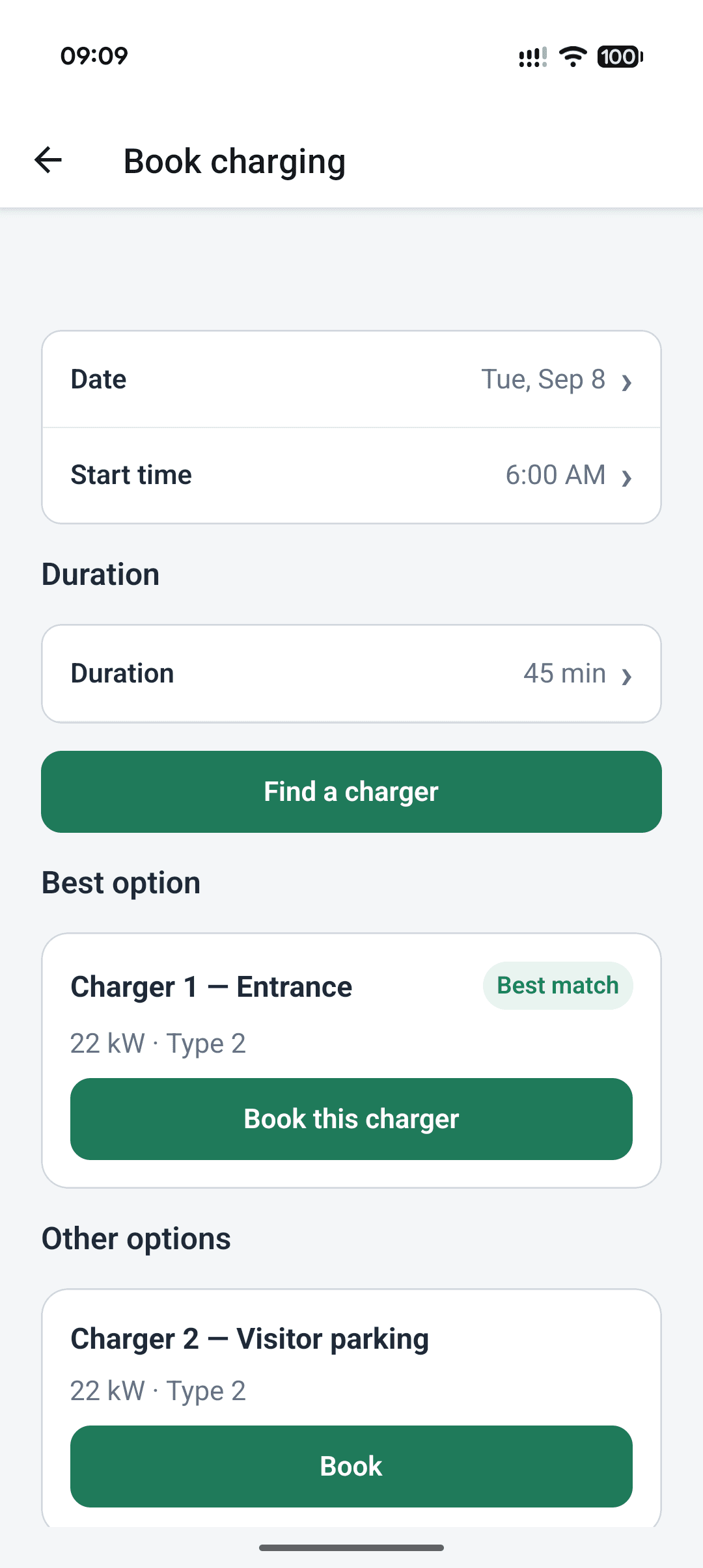 Charge Roster Book charging screen showing available workplace charger options