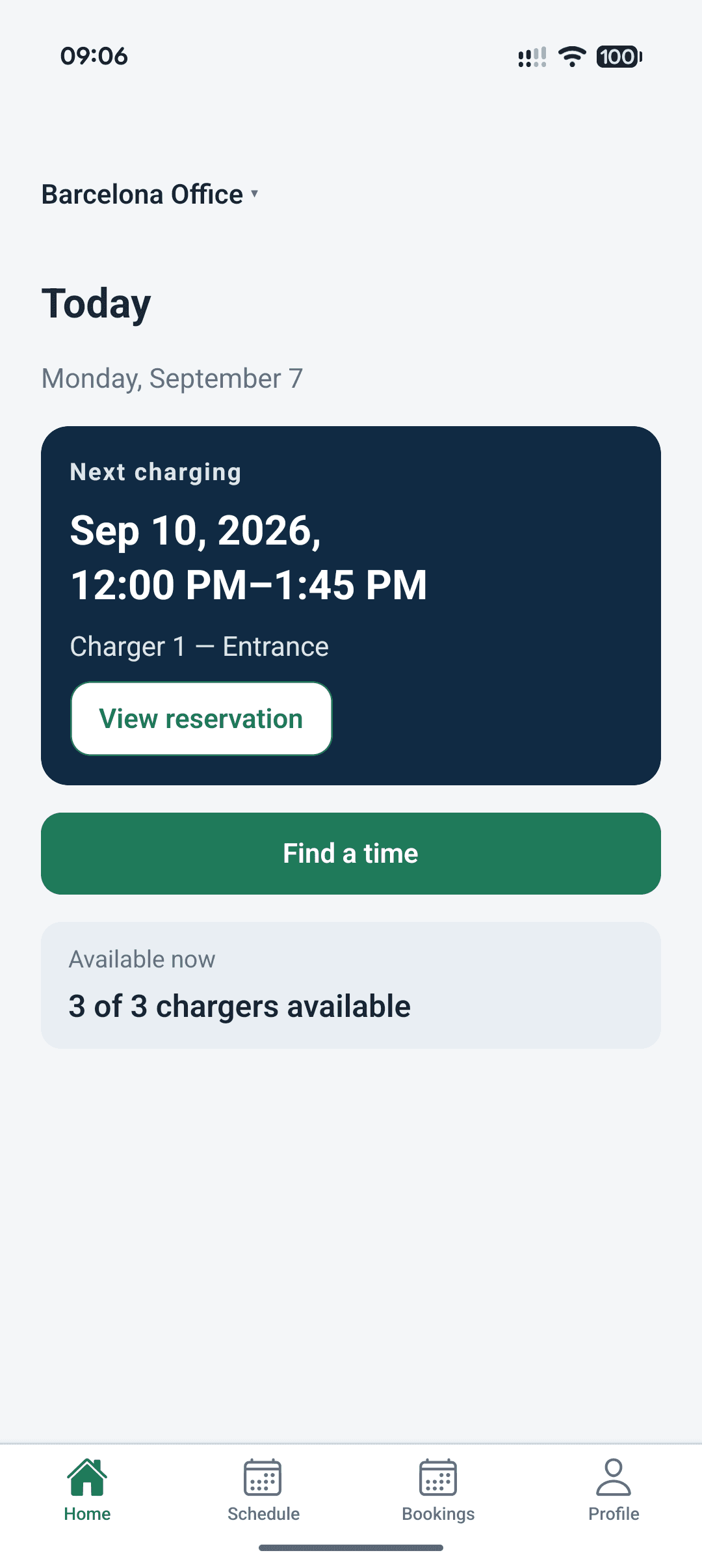 Charge Roster mobile app showing workplace charger availability and upcoming bookings