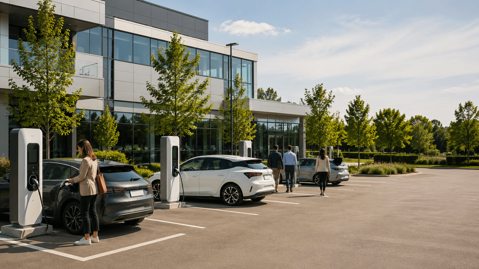 Employees using shared EV chargers outside a modern workplace